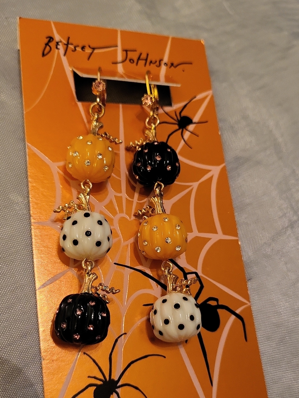 Betsey Johnson Black, White & Orange Pumpkin Trio Dangle Earrings Ti